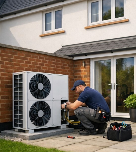 Technician installing an outdoor air source heat pump beside a house