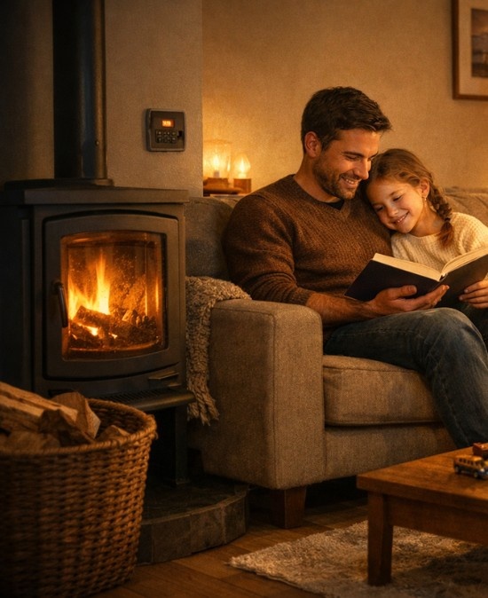 Father and child reading by a cosy wood-burning stove indoors