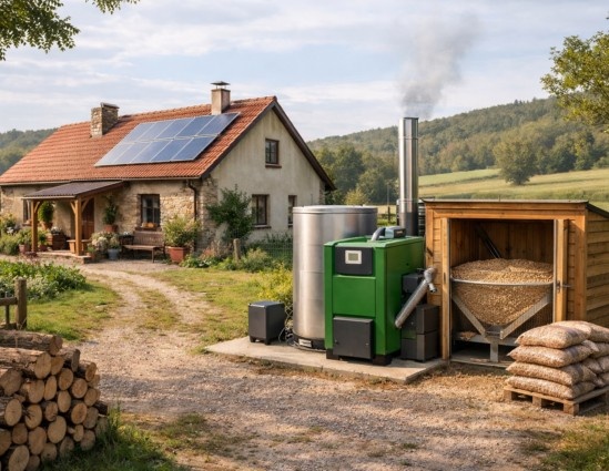 Rural home using biomass boiler with pellet storage and solar panels