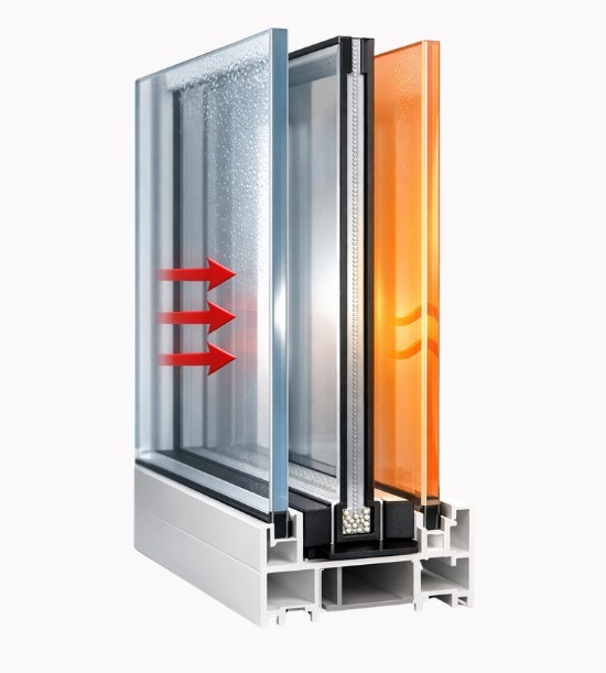Double glazing cross-section reducing heat loss