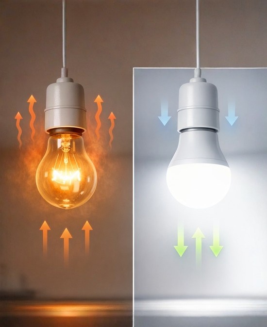 Comparison of incandescent vs LED energy use and heat output