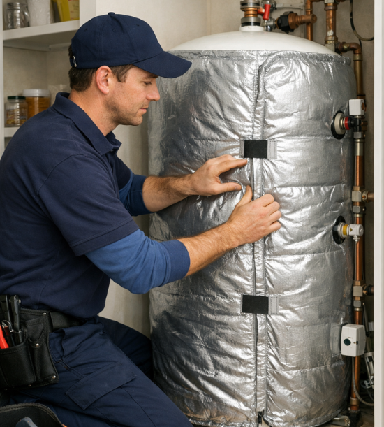 Engineer installing insulation on a hot water cylinder