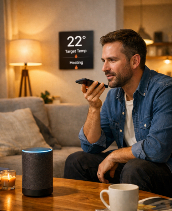 Man using voice control with smart speaker to adjust home heating settings