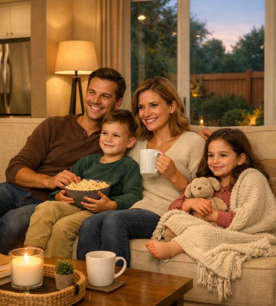 Family relaxing in a warm living room with soft lighting and cosy atmosphere