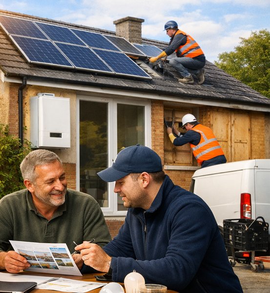 Energy efficiency team discussing home upgrade plans with homeowners