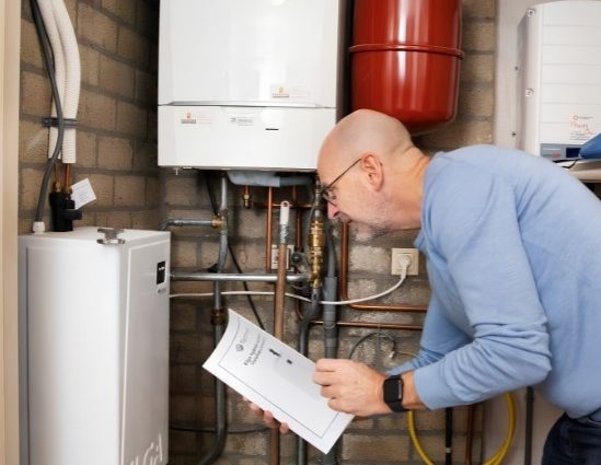 Energy efficiency assessor inspecting a home boiler and heating system